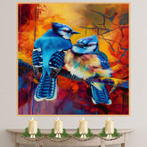Blue Jays on Fiery Autumn Branch with Vivid Brush Strokes Perfect Nature Inspired Art for Bird Lovers Wildlife Enthusiasts and Bright Interior Accents on Ready to Hang 1.5" Thick Canvas Wrap, Floating Framed Canvas, Flat Rolled Canvas